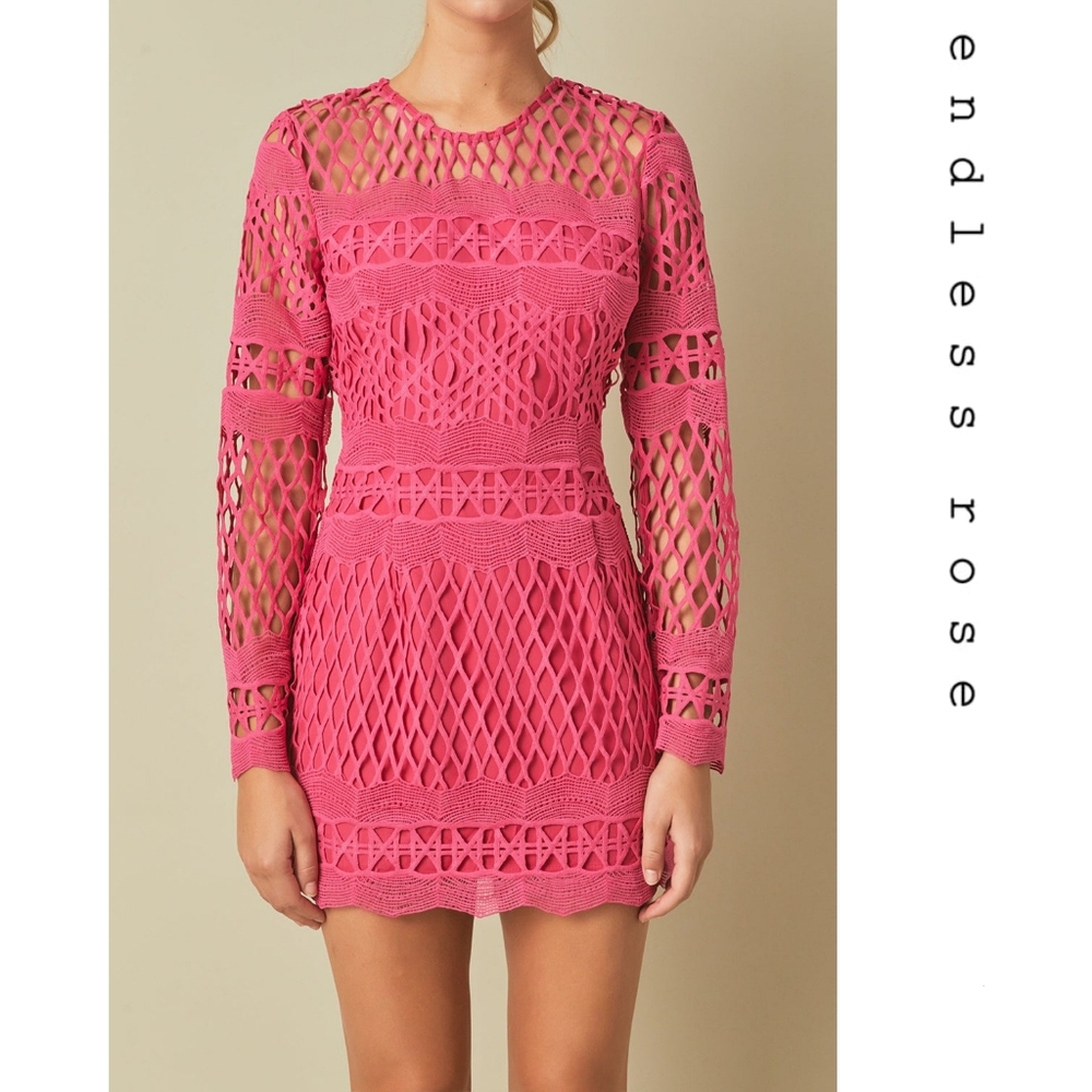 Endless Rose - Long Sleeve Crochet Mini Dress - Fuchsia - Picture 4 of 7